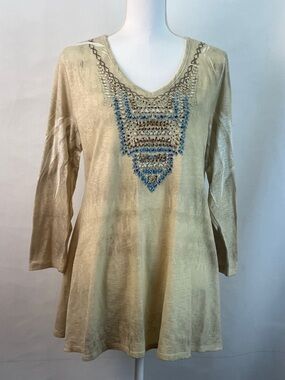 Reba Knit Tunic Top L Beige Beaded Embroidered Boho V-Neck A-Line Relaxed